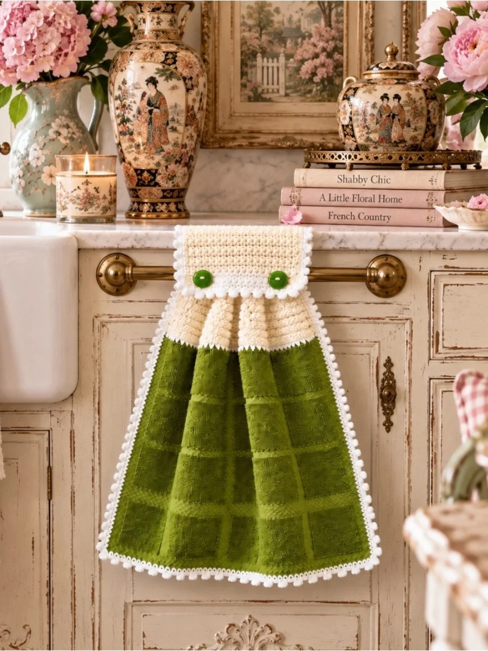 Handmade Chartreuse Olive Green Crochet Hanging Kitchen Towel